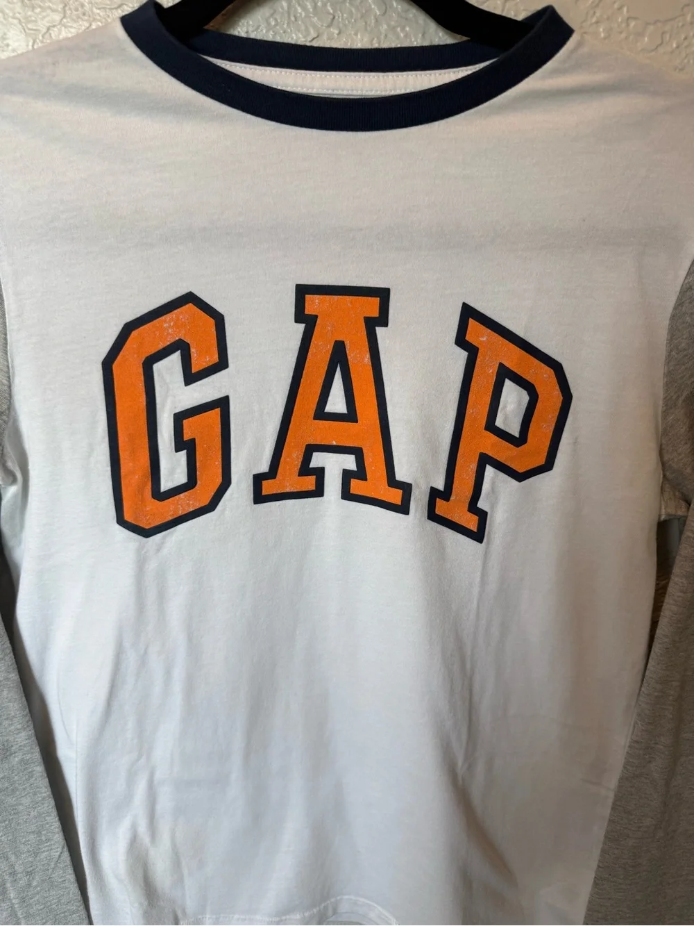 GAP White Long-Sleeve Logo Tee with Gray Sleeves and Orange Letters